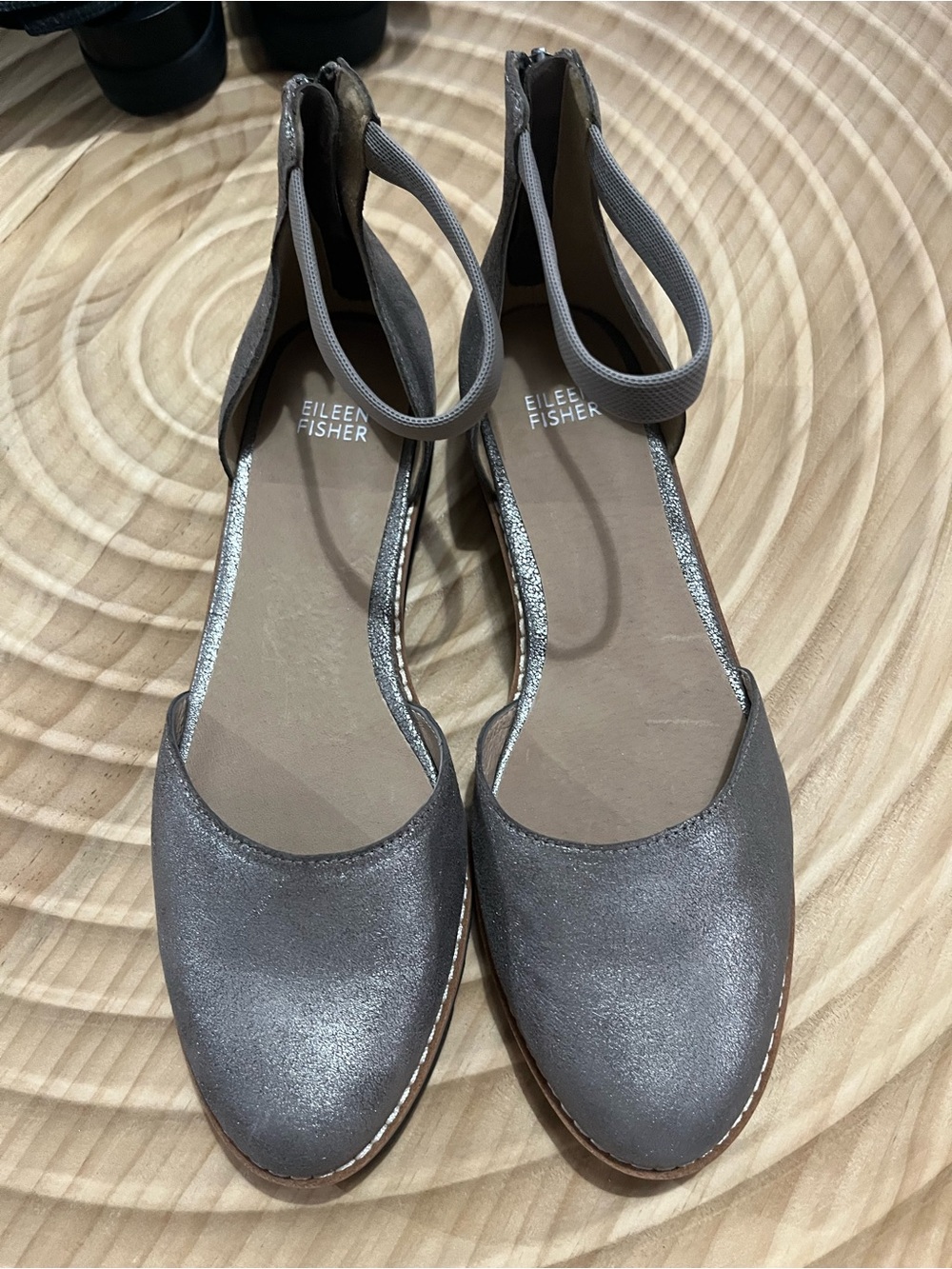 Eileen Fisher Metallic Taupe Ankle-Strap Flats